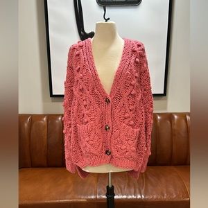 BRAND NEW! Chunky Hand-Knit Cardigan Bubblegum Pink/Barbie Pink Grandpa Cardigan